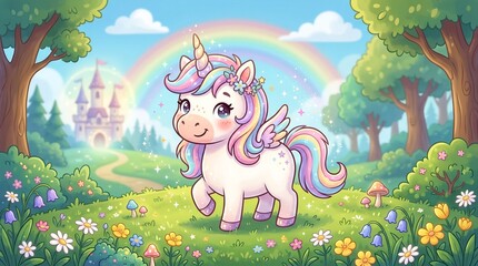 Wandcirkels Eenhoorn A whimsical scene features a cartoon unicorn with pastel-colored mane and wings, surrounded by vibrant flowers on a grassy meadow  © Miftah