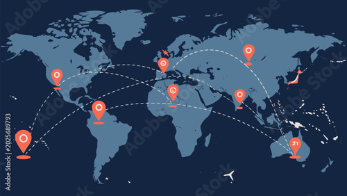Global logistics and international business network map with location pins and connection lines