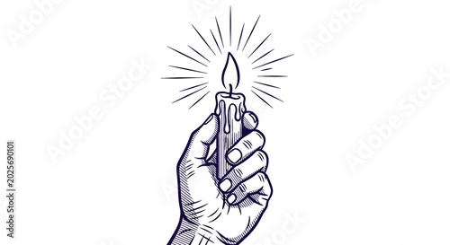 Obraz na płótnie Hand Holding a Lit Candle with Radiant Light Rays Line Art