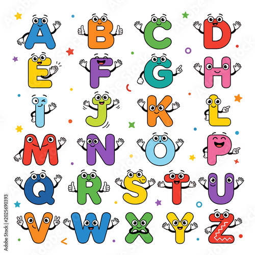 Alphabet letters with cartoon characters, colorful ABCs, educational illustration