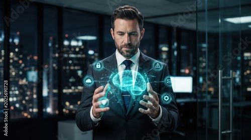 Artificial Intelligence Visualization: A man in a business suit manipulates a holographic projection of a human brain surrounded by digital icons.