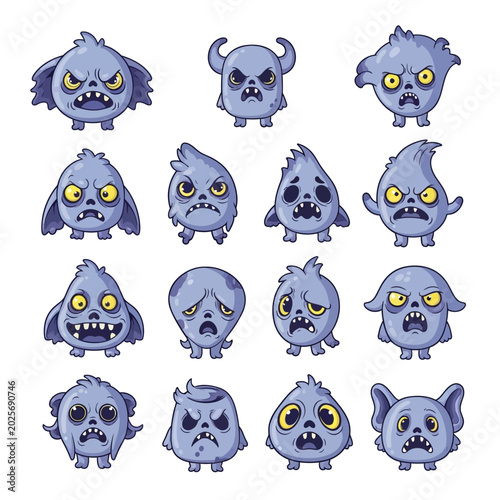 Cartoon Monster Characters Set: Blue Creatures Expressions