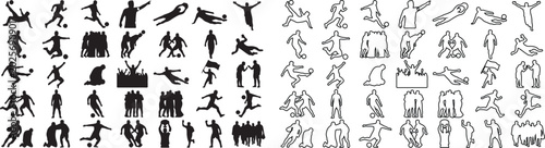 Fotografía Soccer player silhouettes and outline icons set, football athletes in action pos