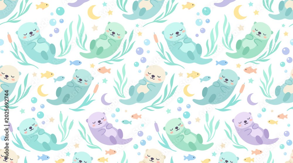 Obraz premium Cute Otter Pattern - Adorable Animal Seamless Background, Flat Vector Illustration
