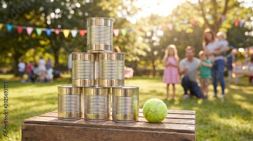Carnival tin can toss game on wooden table, nine metallic cans stacked pyramid, hand holding green ball ready to throw, festive fairground with flags and booths.
