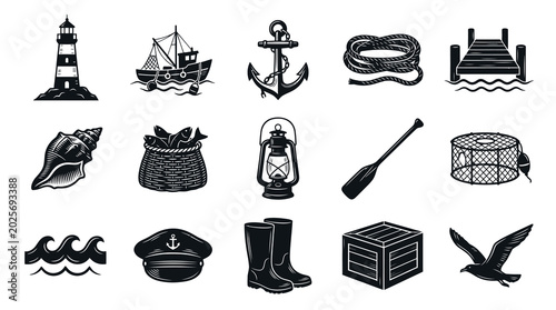 Nautical  Marine Fishing Icon Set in Black  White Line Art Style - Sea Elements Collection