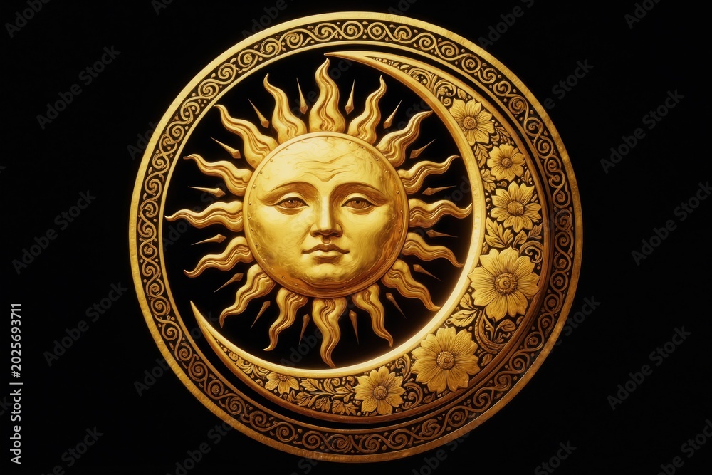 Fototapeta premium Golden sun and moon emblem on black background. Decorative celestial circle features floral patterns. Intricate gold design symbolizes duality, day and night.