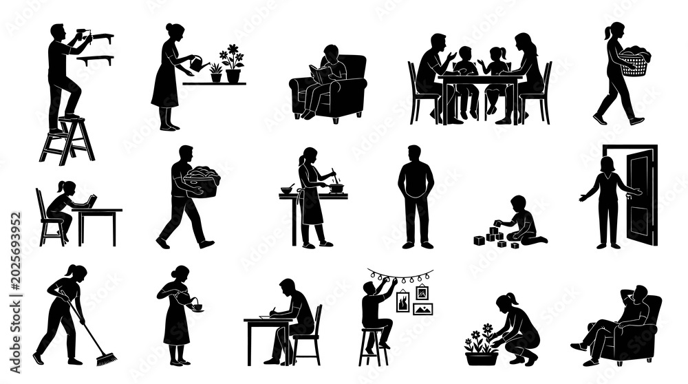 Obraz premium Black White Silhouettes of Family Life, Home Activities, and Household Chores Vector