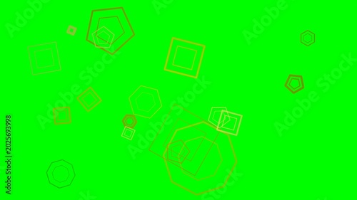 Geometric shapes, including squares, pentagons, and hexagons, in shades of yellow and brown, are randomly scattered and outlined against a bright green background, creating a dynamic abstract pattern.