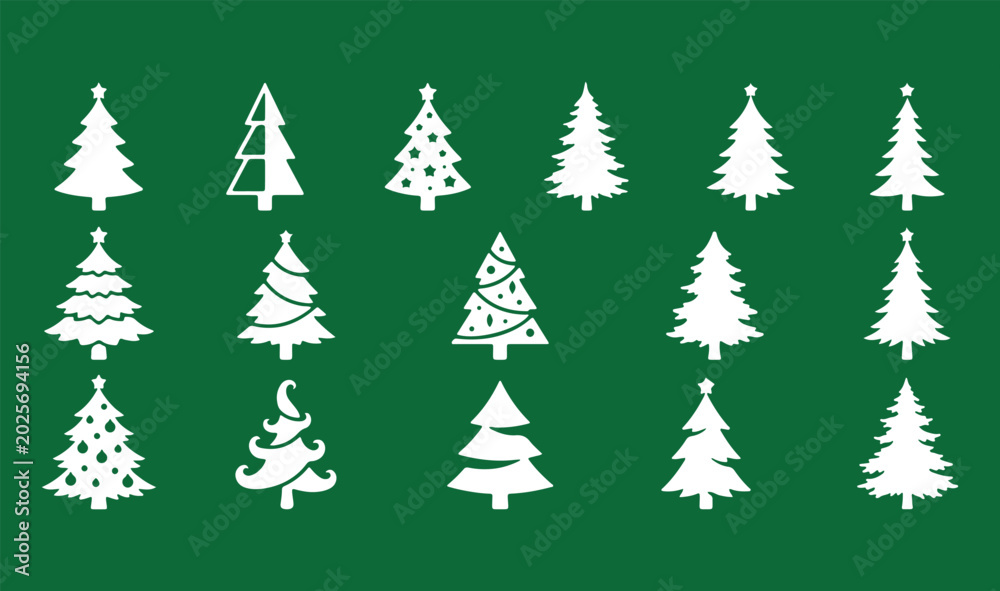 Obraz premium Christmas tree silhouettes set white pine fir vector collection on green background