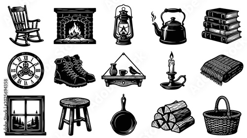 Cozy Home and Rustic Lifestyle Objects Collection in Vintage Engraving Style Black and White Art