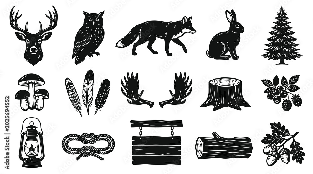 Obraz premium Black and White Forest Wildlife and Nature Icons - Vector Art