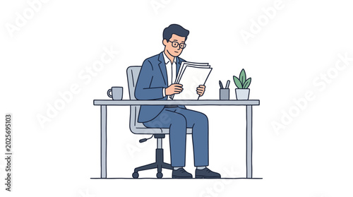 Schilderij op canvas Focused Businessman Diligently Reading Important Documents at His Office Desk, i