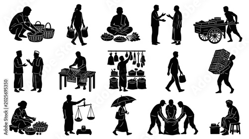Black and White Silhouettes of Indian Market Scene, Vendors and Shoppers