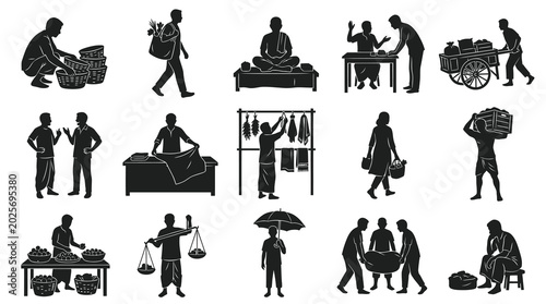 Black  White Glyph Vector Art of Indian Street Vendors Selling Goods