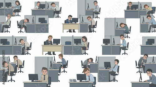 Schilderij op canvas Numerous office workers engaged in daily tasks at their cubicles in a busy corporate open-plan office