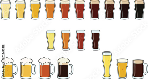 Konstfotografi Collection of Beer Glasses and Mug Styles with Different Lager Ale and Dark Beer