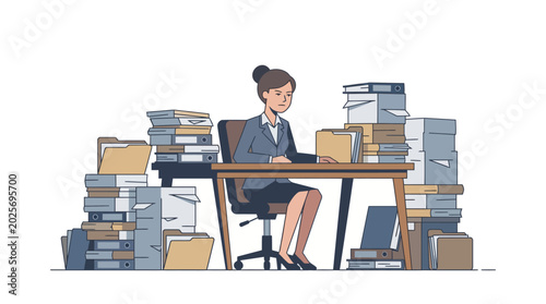 Photos Overwhelmed young businesswoman working diligently at a desk overflowing with documents and folders on an isolated white background
