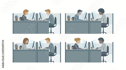 Foto Diverse group of focused business people working productively at their desks in cubicles on an isolated white background