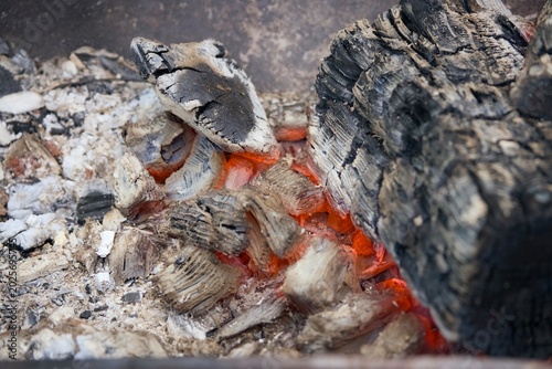 Tableau sur toile Charred logs with faint orange glow, capturing the tranquil aftermath of a campf