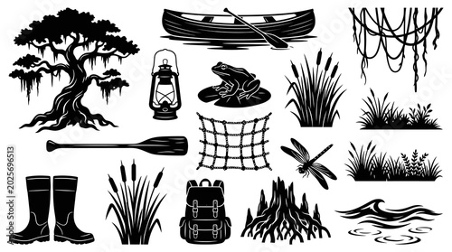 Black  White Silhouette Icons: Swamp, Kayak, Lantern, Frog, Dragonfly, Boots
