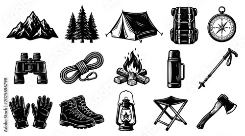 Camping Gear Icons: Black and White Line Art Vector Set