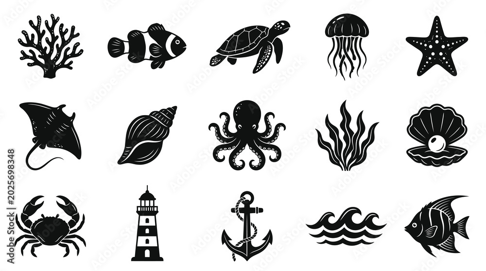 Fototapeta premium Marine Life and Nautical Elements Glyph Icons Set - Black and White Vector Silhouettes