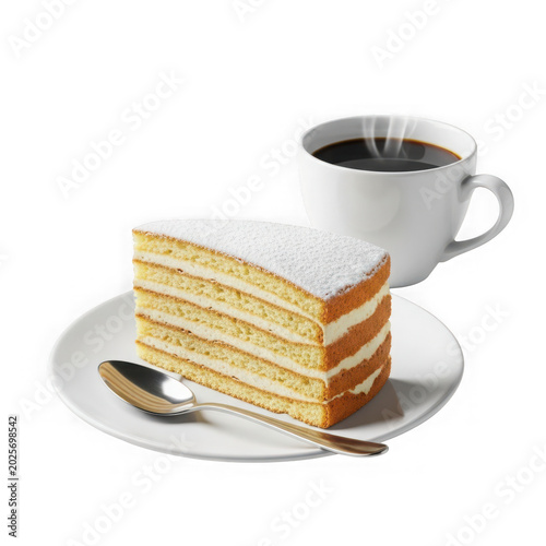 A delicious slice of cake with a cup of coffee on a white plate isolated on transparent background