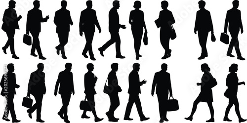 Foto Business people walking silhouettes, urban commuter icons, professional vector a