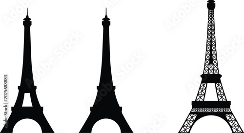 Foto Eiffel Tower silhouette trio, Paris landmark icons, French monument illustration