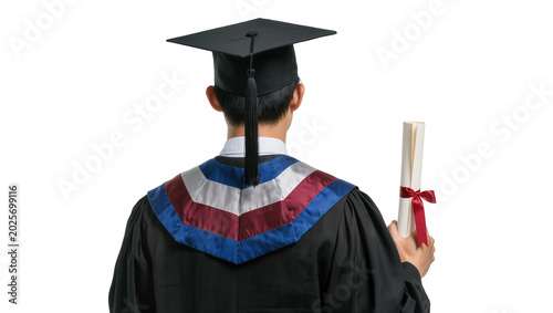 Canvastavla Graduate in academic regalia holding diploma scroll, isolated on transparent bac