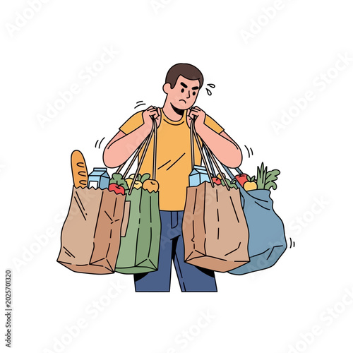 Man struggling with grocery bags, shopping overload, isolated on white