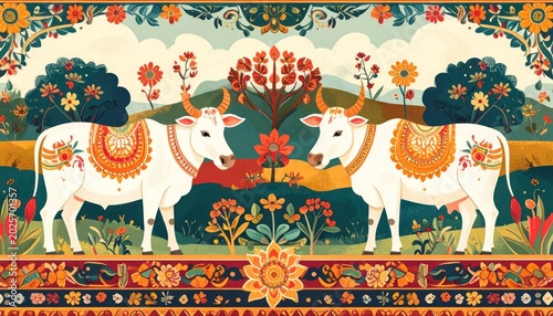 Traditional Indian Sacred Cows adorned with ornate decorations in a vibrant folk art style.