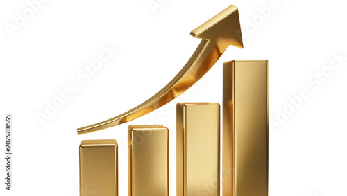 Canvastavla Golden bar chart with upward trending arrow, isolated on transparent background