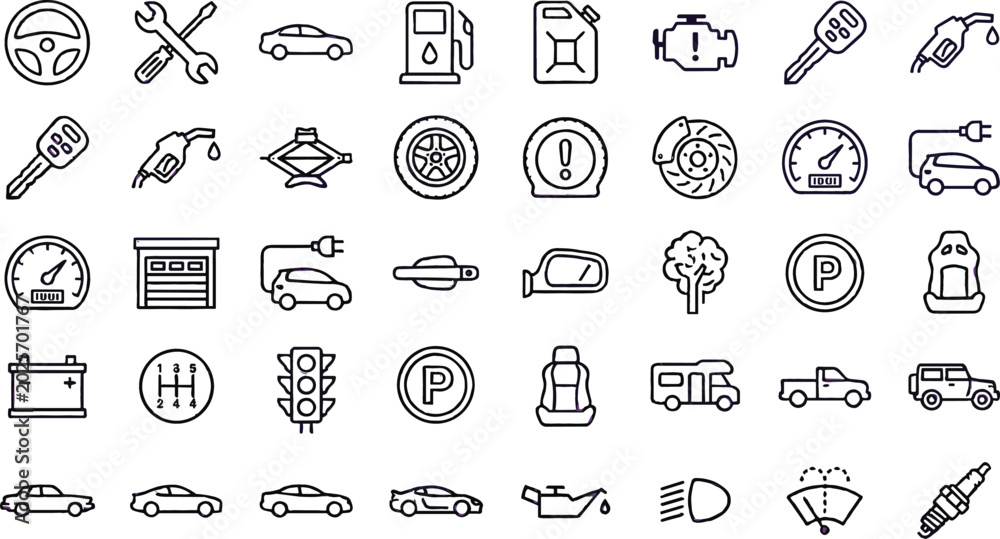 Naklejka premium Car and Automotive Icons Collection with Vehicle Symbols, Garage Tools, Gas, Engine, Parking, and Road Safety Symbols for Digital Design