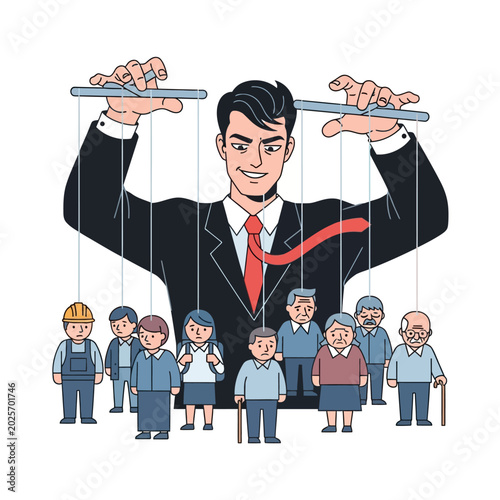 Businessman manipulating people on white background
