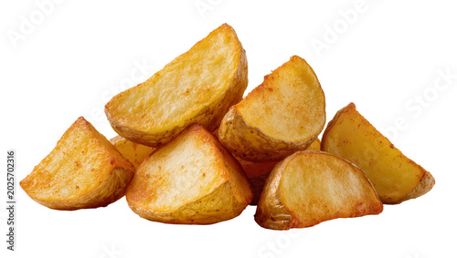 Golden brown potato wedges with crispy skin, isolated on transparent background
