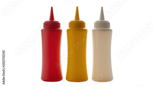 Canvastavla Red yellow and white squeeze bottles for condiments, isolated on transparent bac