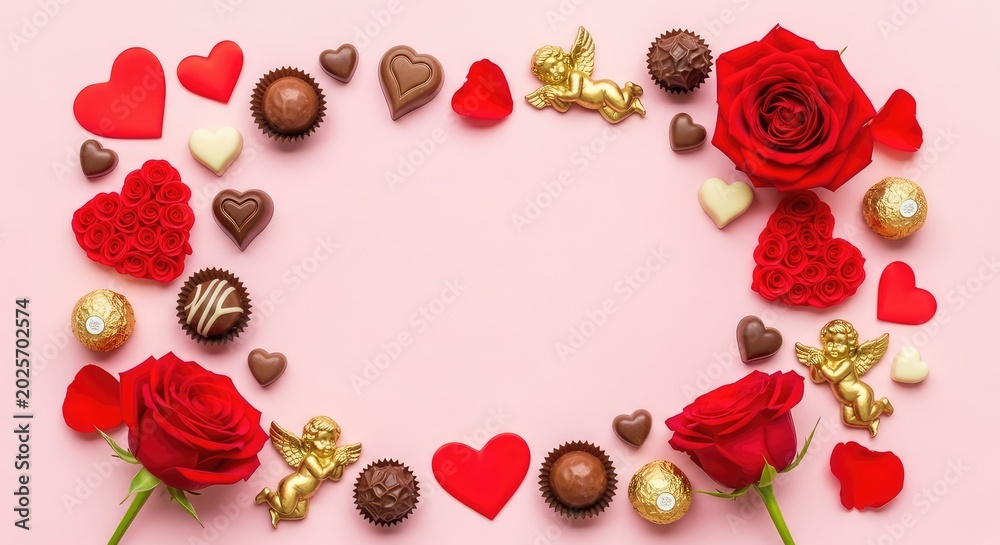 Obraz premium Elegant romantic layout featuring vibrant red roses, heart shapes, chocolate candies, and golden cherub figures on a soft pink background, cherub, beauty, pink
