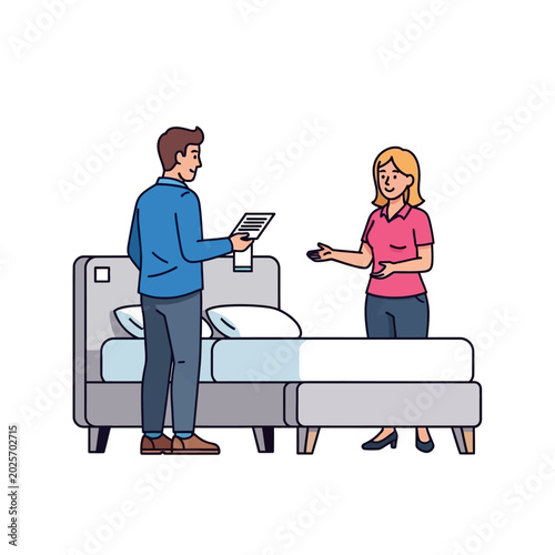 Couple buying new bed furniture at store, talking to salesperson