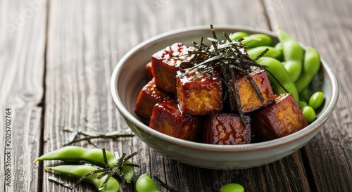 Glazed teriyaki tofu cubes served in a bowl with green edamame and dried seaweed strips, presented on a rustic dark wooden table surface, meal, dinner, cooking