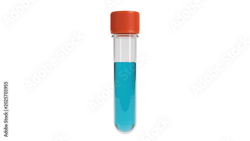 Obraz na plátně Clear glass test tube with orange cap filled with blue liquid, isolated on trans