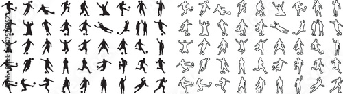 Cuadro en lienzo Soccer player silhouettes and outline icons set, 90 football athlete vector elem