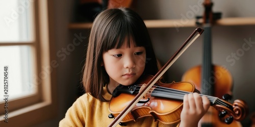 Little Asian girl plays violin with concentration. Child practices classical music instrument indoors. Another violin rests nearby in soft background focus. Young talent learns to play.