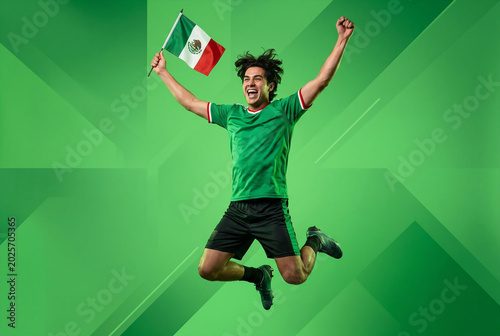 Mexican Fan Jumping Celebrating with Flag