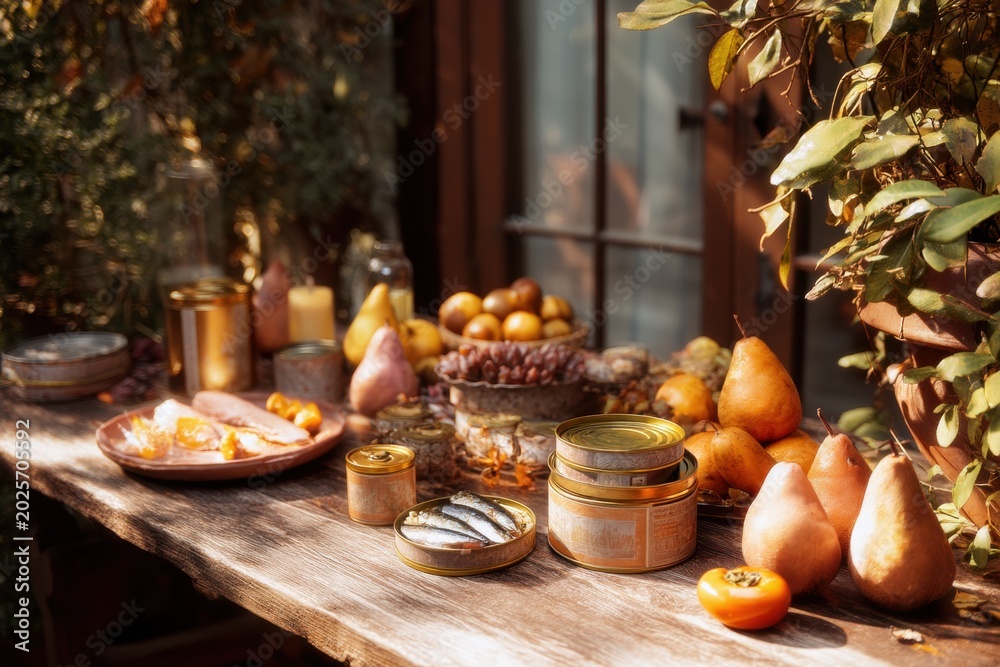 Fototapeta premium Still life with open canned sardines and fresh fruit on a rustic wooden table. Autumn harvest dinner with pear and persimmon. Healthy mediterranean aesthetic food and snack concept.