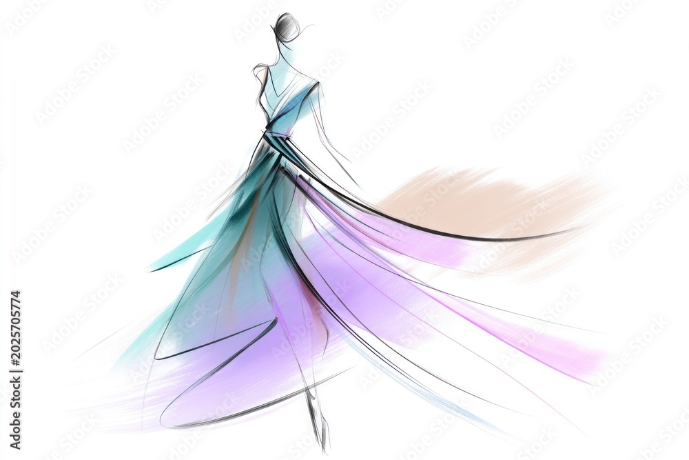 Obraz premium Fashion illustration of a woman in an elegant flowing dress.