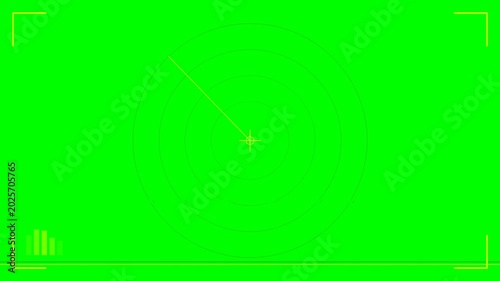 A minimalist radar or sonar screen interface features a central target icon, a scanning line, and a subtle signal strength indicator at the bottom left, all rendered in light green against a solid.