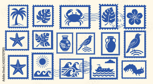 Collection of blue postage stamp with tropical and marine themes on a cream background