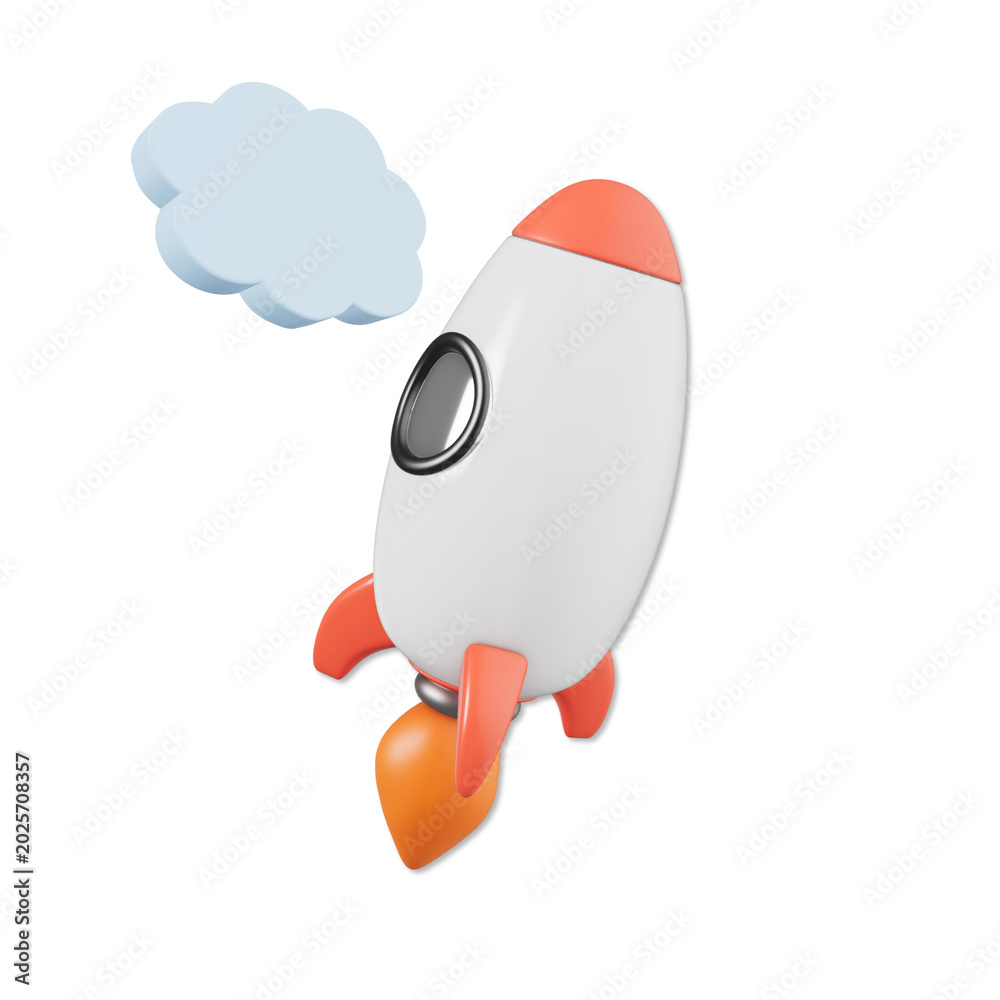 Fototapeta premium A 3D rendered illustration of a white and orange rocket ship blasting off into the sky with a small cloud